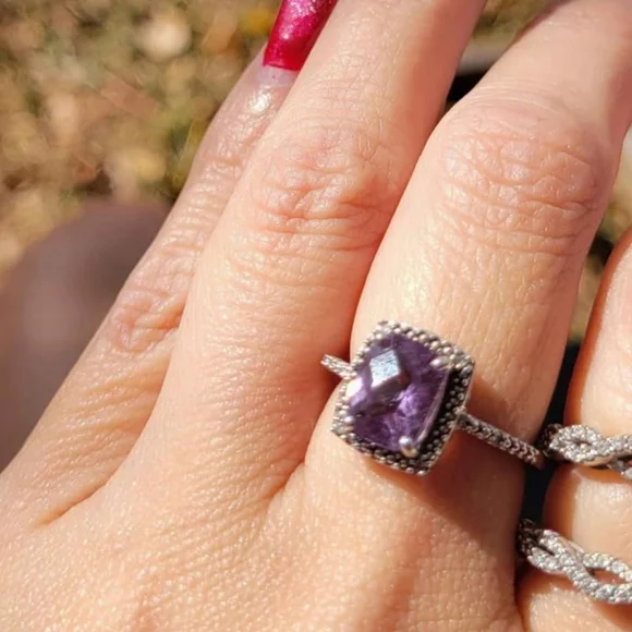 Fancy Cut Genuine Amethyst Diamond BandPurple Gemstone White Gold Ring